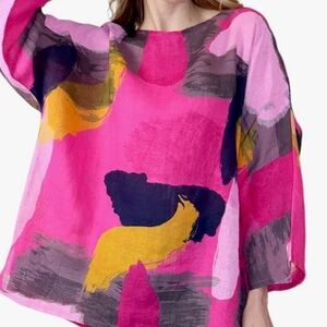 Pink Blue Graphic Oversized Blouse 3/4 Sleeve